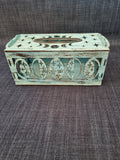 Large handcrafted timber tissue box holder with laser-cut moon phase and star design in distressed mint finish