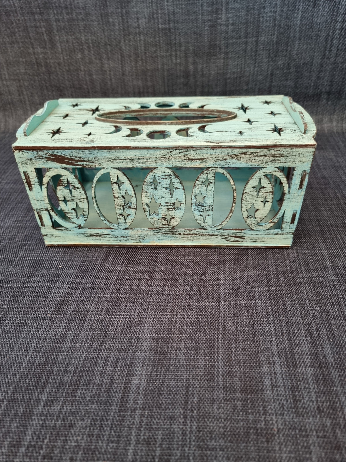 Large handcrafted timber tissue box holder with laser-cut moon phase and star design in distressed mint finish
