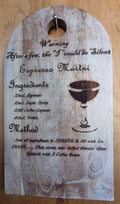 Engraved wooden Espresso Martini cocktail recipe board